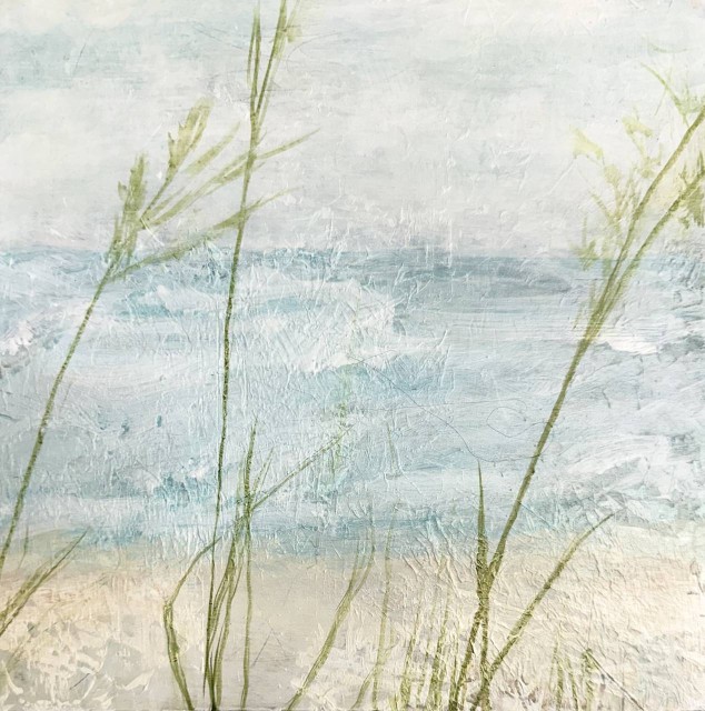 An acrylic painting of an ocean scene with tall grasses in the foreground, By Juanita Bellavance