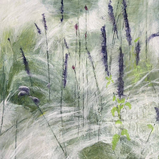 Abstract acrylic painting of white and green plants gently blowing in the breeze with some purple flowering plants in the mix. From a garden in Portugal. By Juanita Bellavance