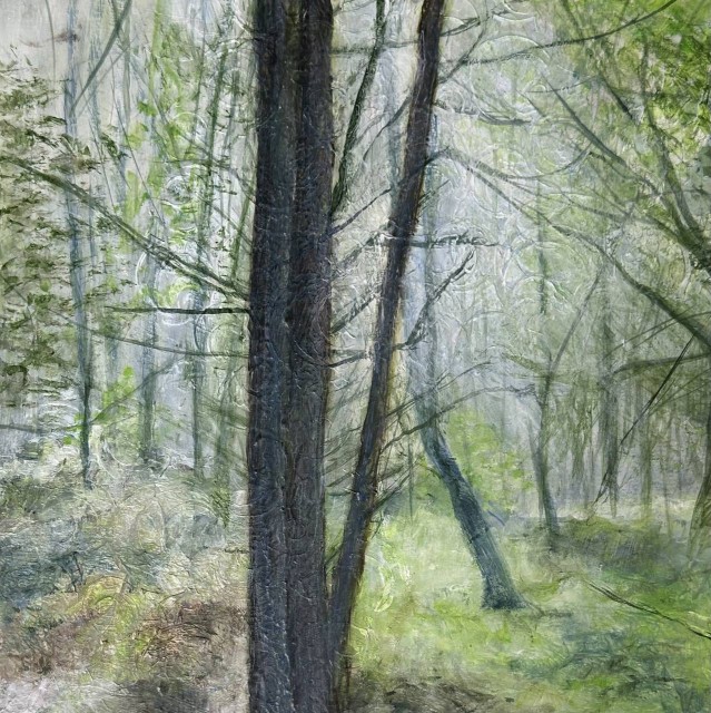 An acrylic painting of a forest of trees in Spring with a couple of trees in the foreground with the textured bark of the trunks. Small, thin trees are in the background fading into the distance. A beam of light from the sunlight streams through the trees on the right. The ground is grassy, and patches of soil are shown on the left. By Juanita Bellavance