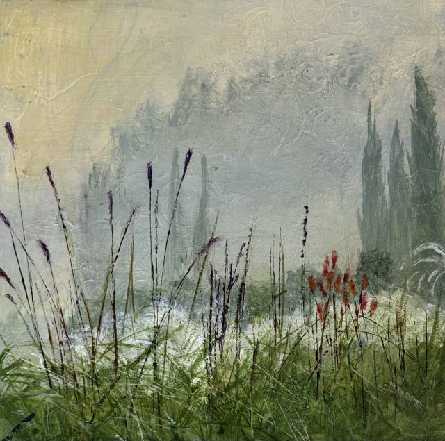 An acrylic painting of a garden in Portugal with an early morning mist over the trees in the background and grasses with flowers and reeds in the foreground.