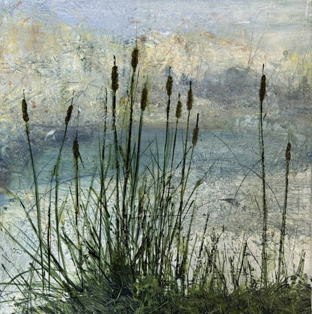 An acrylic painting of a scenic river with autumn trees reflected in the river and cattails in the foreground by Juanita Bellavance