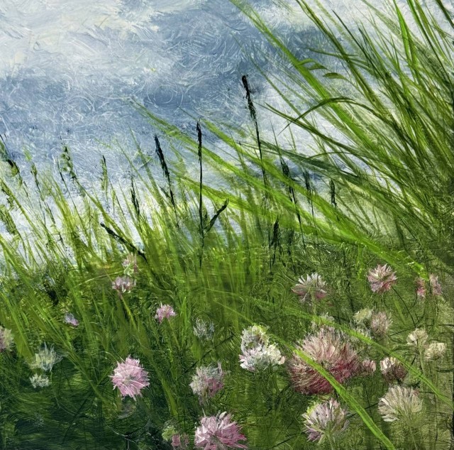 An acrylic painting of a patch of pink clover immersed in green grasses and a happy blue sky above. By Juanita Bellavance