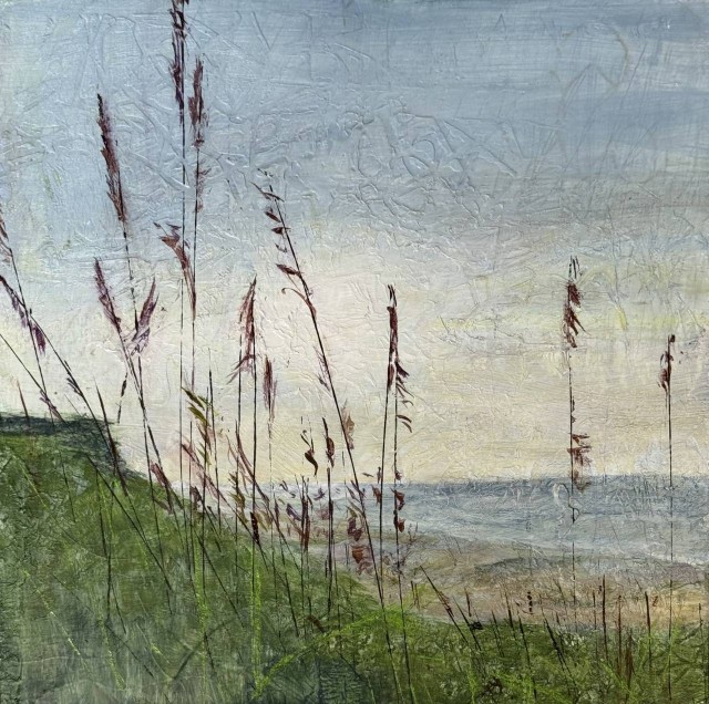 An acrylic painting of an oceanscape showing a grassy hilltop with sand along the shore. A bright sun is in the sky, and tall reeds are in the foreground by Juanita Bellavance