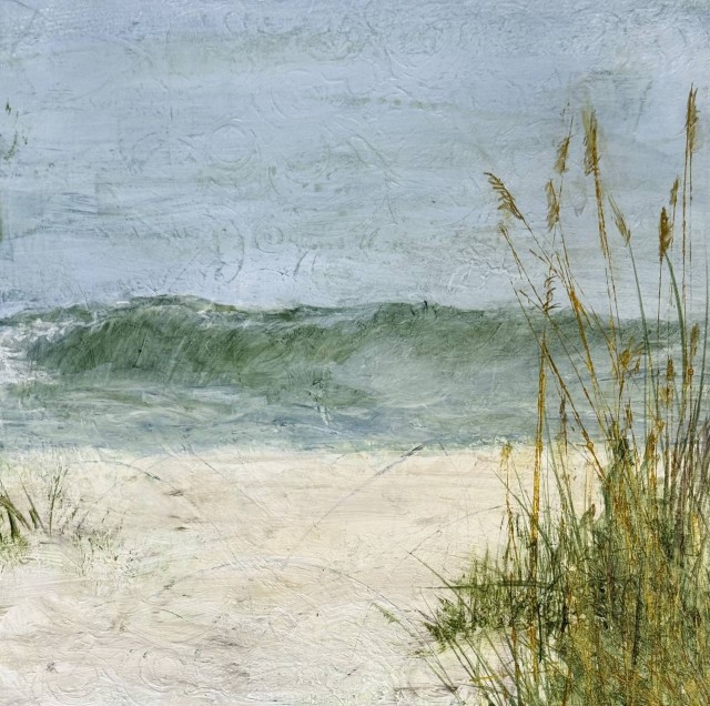 An acrylic painting of a gentle ocean wave coming into shore where sand and grasses are in the foreground by Juanita Bellavance