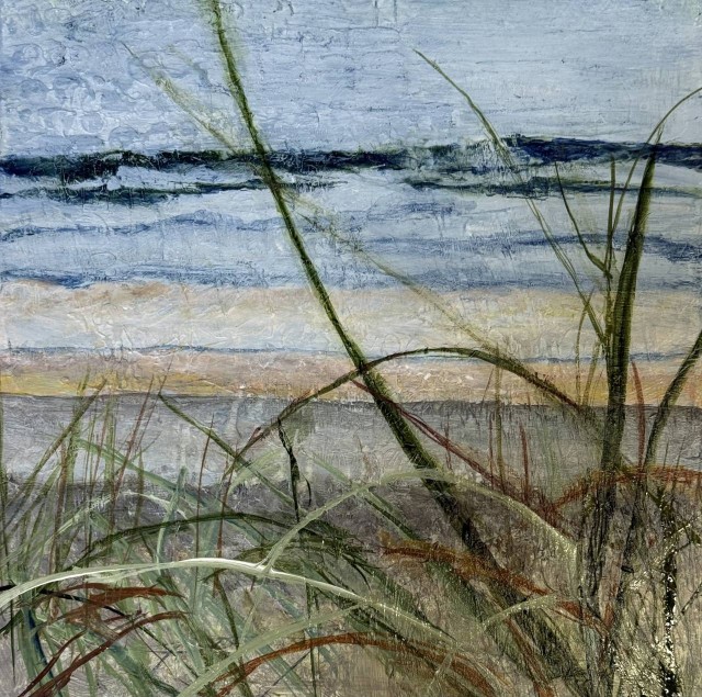 An acrylic painting of a scene of ocean waves gently moving onto shore in the background. A Close up of tall grasses is in the foreground. By Juanita Bellavance