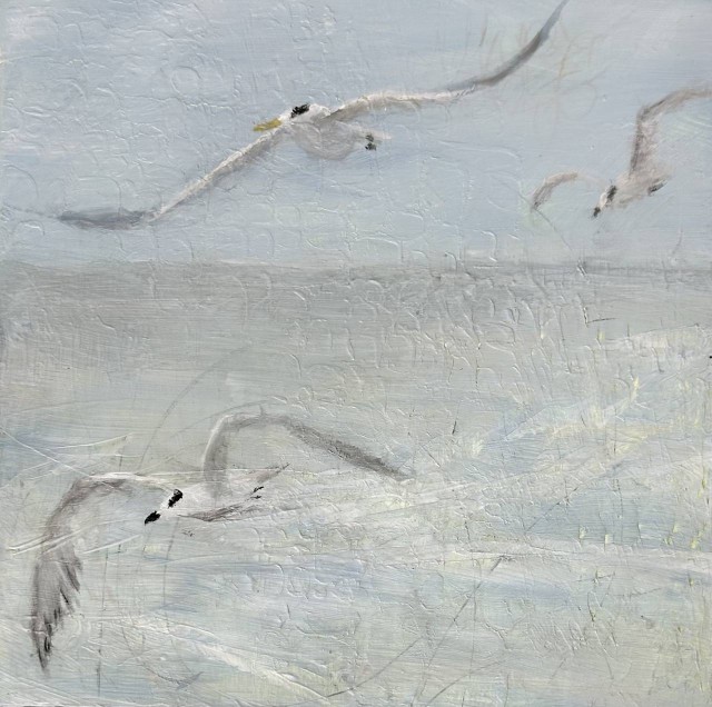 An acrylic painting of three seagulls flying over a sea as seen through a zoomed-in lens. By Juanita Bellavance