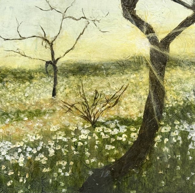 An acrylic painting of a field of flowers on a bright sunny day in winter with leafless trees. By Juanita Bellavance